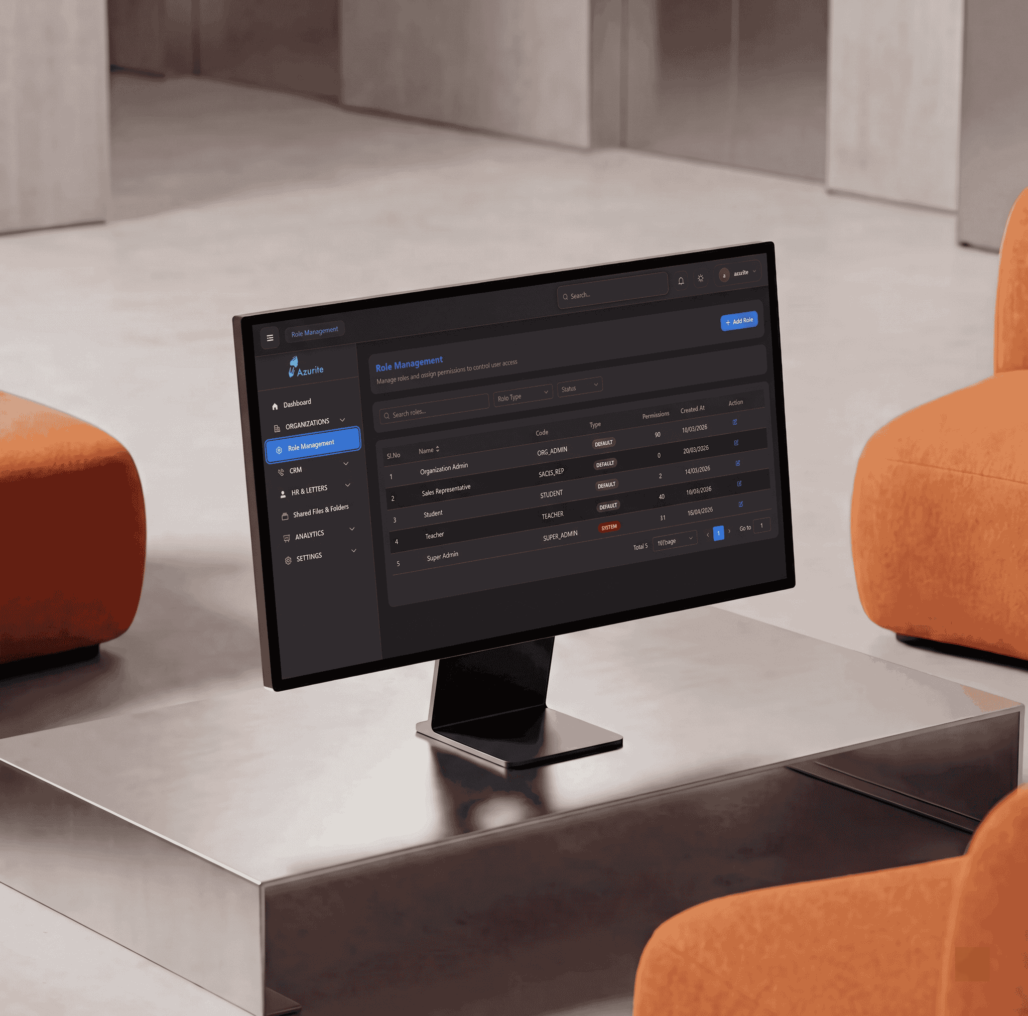 Azurite LMS role management dashboard displayed on a desktop monitor